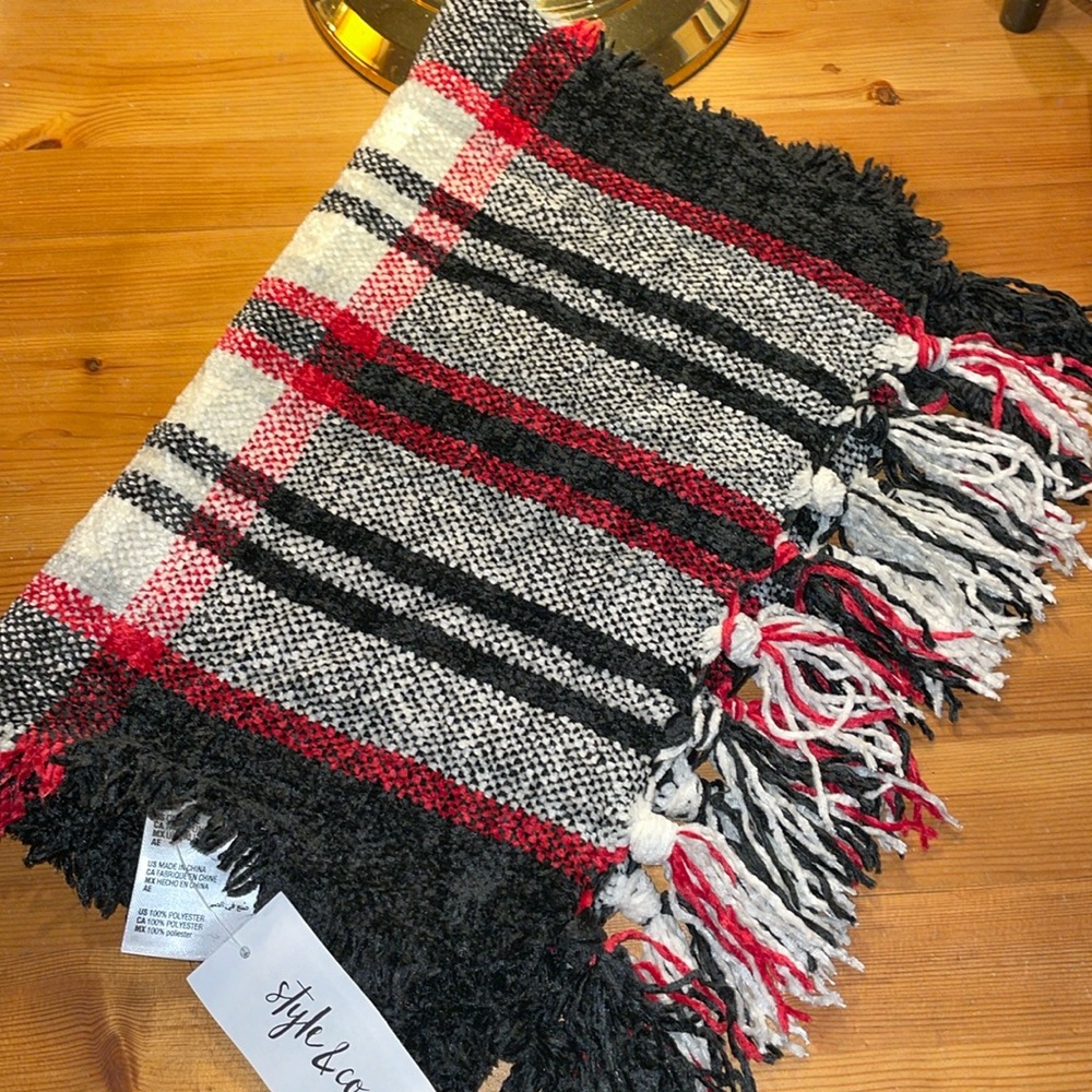 Style & Co Plaid Fringe Scarf – Cozy Red Black White Blanket Wrap, Soft Winter